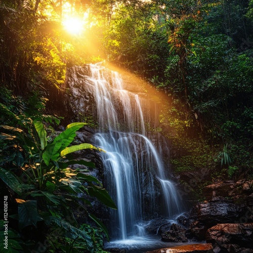 Majestic Waterfall Surrounded by Lush Greenery and Sunlight in a Vibrant Tropical Forest Setting, Nature's Serenity and Beauty Captured in Stunning Landscape Photography