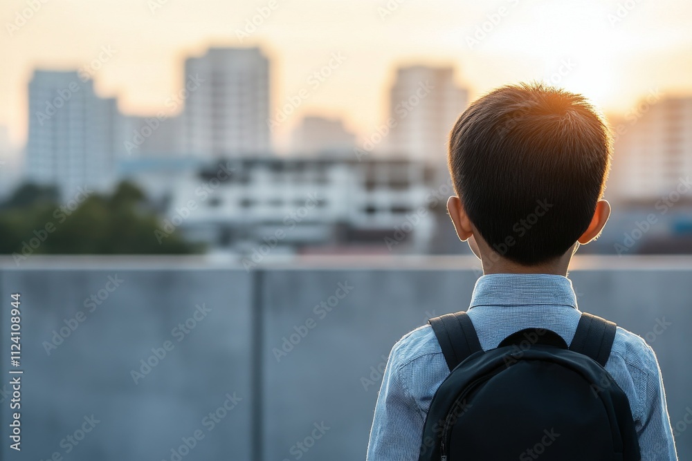 A contemplative child wearing a backpack overlooks a vast urban horizon with skyscrapers, symbolizing future ambition and the journey ahead under soft evening light. A contemplative child wearing a backpack overlooks a vast urban horizon with skyscrapers, symbolizing future ambition and the journey ahead under soft evening light.