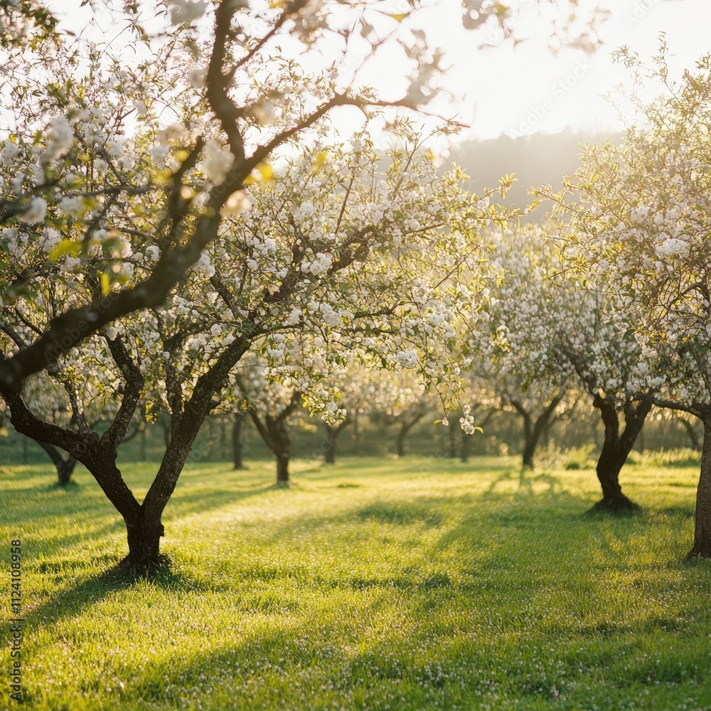 Peaceful Spring Scene with Blooming Fruit Trees and Sunlight Filtering Through Blossoms in a Serene Orchard Setting Peaceful Spring Scene with Blooming Fruit Trees and Sunlight Filtering Through Blossoms in a Serene Orchard Setting