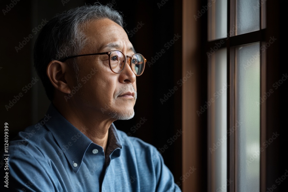 Obraz premium An older man with glasses and a thoughtful expression looks out of a window, reflecting deep in thought. The warm light casts a gentle glow on his face, accentuating his introspective mood.