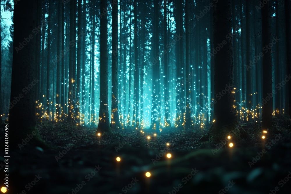 Naklejka premium An enchanting forest scene illuminated by hundreds of glowing fireflies, creating a mystical atmosphere that invokes wonder, peace, and the magic of nature.