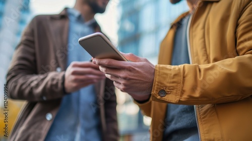 Two men converse outdoors while one uses a smartphone, showcasing communication and technology in an urban setting.