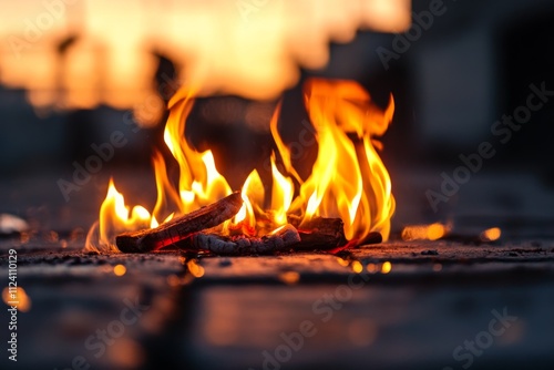 An image capturing glowing firewood in visible flames, with a serene sunset in the backdrop, signifying warmth, tranquility, and a poetic selection of nature.