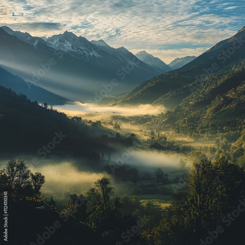 Serene Mountain Landscape at Dawn with Misty Valleys and Majestic Peaks Surrounded by Lush Green Foothills, Evoking Peace and Tranquility in Nature