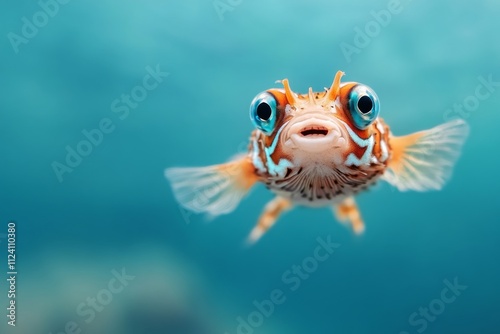 A colorful fish with large, expressive eyes swims near the viewer in a vivid underwater scene, showcasing its striking patterns and lively nature. photo