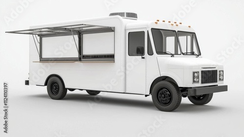Mockup of white food truck with an open window with blank space on the side on a plain white background. , isolated on white background,  , copy space, copy space for text,