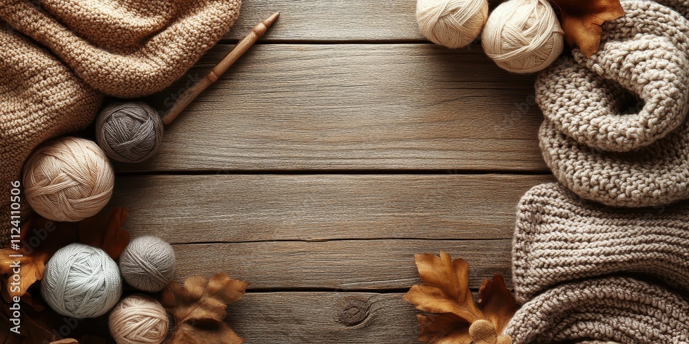 Autumn Crafting Still-Life: Brown and Cream Yarn Arrangement with Knitting Tools Autumn Crafting Still-Life: Brown and Cream Yarn Arrangement with Knitting Tools