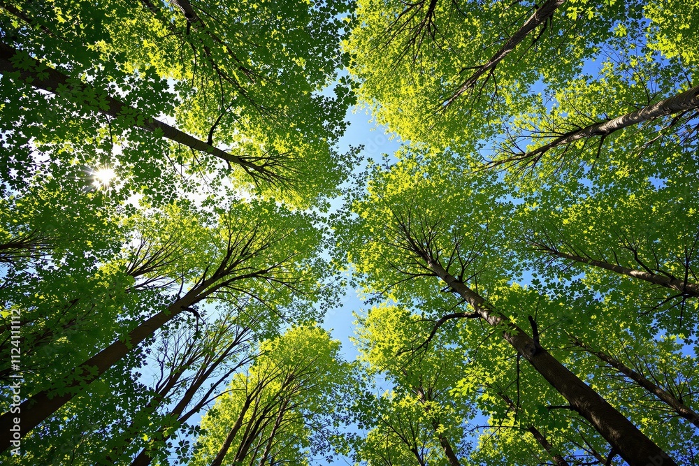 Fototapeta premium Looking up at tall green trees with sunlight filtering through the leaves against a bright blue sky