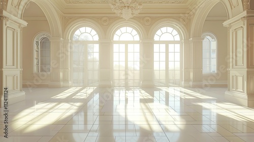 Sunlit Grand Hall with Archways  Elegant Windows  and Polished Floor