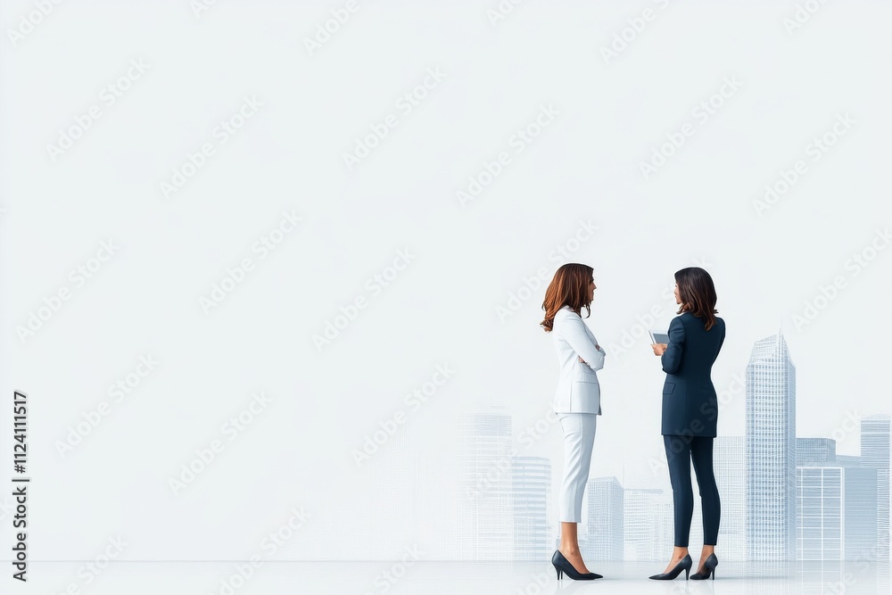 Two professional women are engaged in discussion in front of a minimalistic city backdrop, symbolizing business communication, collaboration, and networking in a modern environment. Two professional women are engaged in discussion in front of a minimalistic city backdrop, symbolizing business communication, collaboration, and networking in a modern environment.