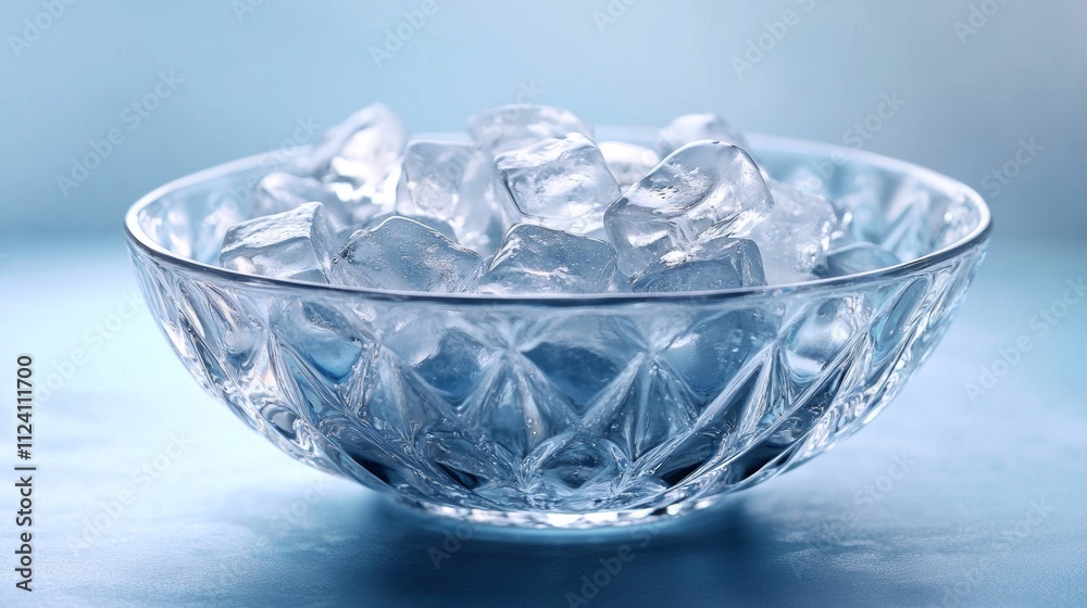 In an artistic setting, a crystal bowl full of shimmering ice cubes contrasts beautifully with a soft blue background In an artistic setting, a crystal bowl full of shimmering ice cubes contrasts beautifully with a soft blue background