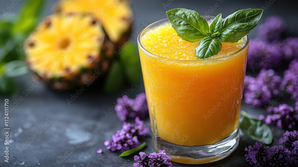 Fresh pineapple juice in a glass garnished with basil leaves, surrounded by purple flowers and a sliced pineapple, showcasing tropical flavors and vibrant presentation. Fresh pineapple juice in a glass garnished with basil leaves, surrounded by purple flowers and a sliced pineapple, showcasing tropical flavors and vibrant presentation.