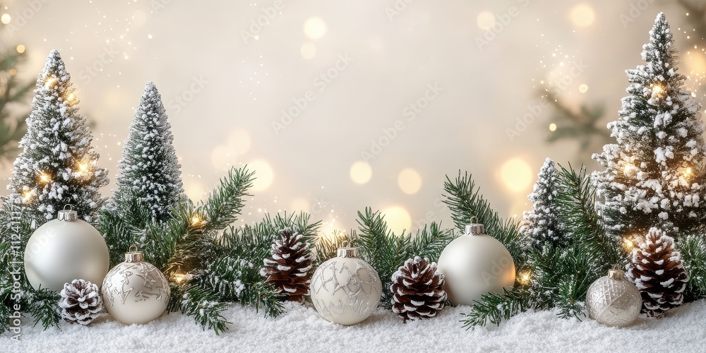 Cozy Winter Christmas Scene with Ornaments and Evergreen Trees, Perfect for Holiday Cards or Advertisements Cozy Winter Christmas Scene with Ornaments and Evergreen Trees, Perfect for Holiday Cards or Advertisements