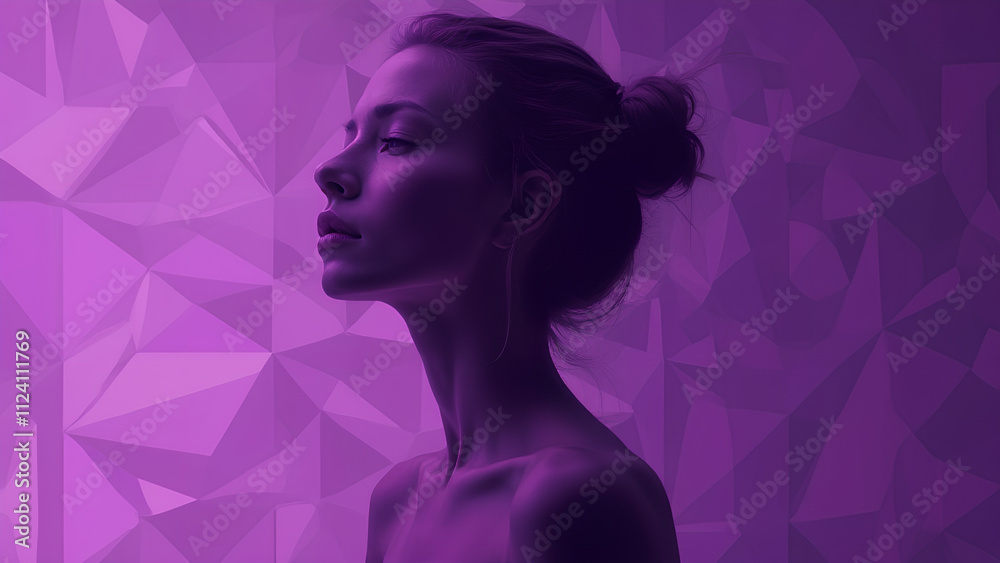 A woman wears a very beautiful and noble color with the purple color that she longed for in her dreams incorporated into a geometric pattern and used as a background A woman wears a very beautiful and noble color with the purple color that she longed for in her dreams incorporated into a geometric pattern and used as a background