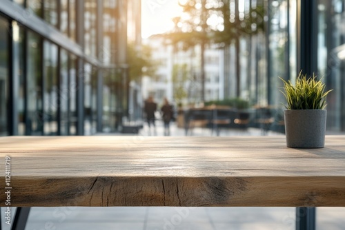 A simple, serene setting featuring a small plant on a wooden table in a modern, stylish glass building, with a blurred urban background suggesting calm productivity.