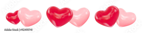 Two realistic 3d hearts together symbolizing love, romantic. For Valentines Day, anniversaries, romantic themed projects, and designs, wedding invitation, valentine, greeting card. Vector illustration