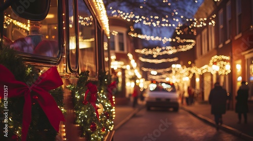 A closeup view of a Christmas lights bus tour in a historic town center