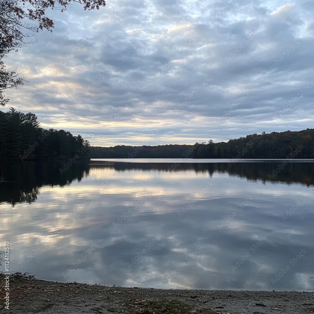 Obraz premium Tranquil Lake at Dusk Reflecting an Autumn Sky with Colorful Trees and Peaceful Water Surface in a Serene Outdoor Landscape