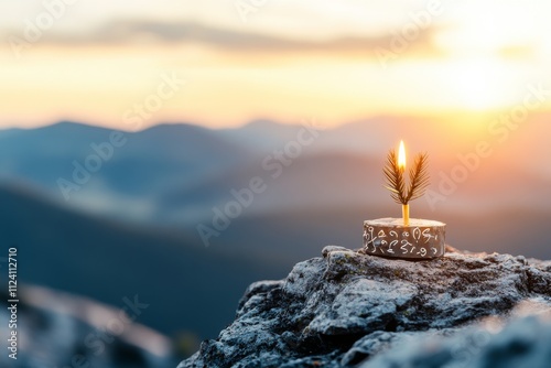 A single pine-topped candle rests on rocky terrain against a backdrop of mountains, set against a glorious sunset, casting a warm glow over surrounding nature. photo