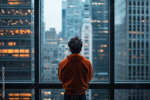 An individual gazes out from a high-rise window, overlooking a sprawling cityscape, expressing contemplation, dreams, and urban ambition with bokeh lights.