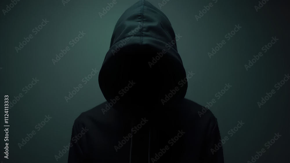 Enigmatic hooded individual Gloomy background Black garments Casual teen attire Menacing stalker in shadows Enigmatic hooded individual Gloomy background Black garments Casual teen attire Menacing stalker in shadows