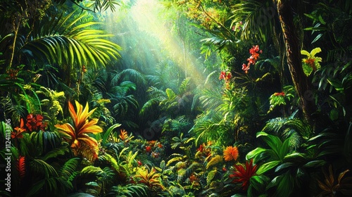 Lush Rainforest Canopy: Sunlight Dapples Through Vibrant Tropical Flora