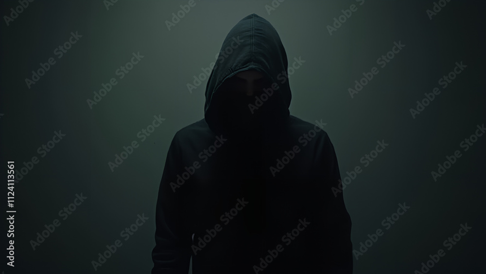 Enigmatic hooded individual Gloomy background Black garments Casual teen attire Menacing stalker in shadows Enigmatic hooded individual Gloomy background Black garments Casual teen attire Menacing stalker in shadows