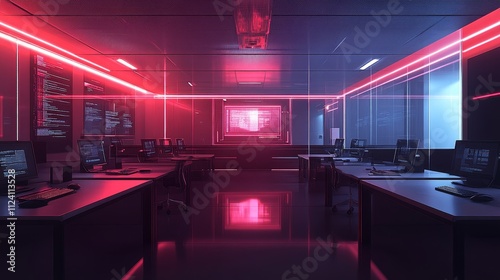 A futuristic office space with glowing neon lights and computer workstations.