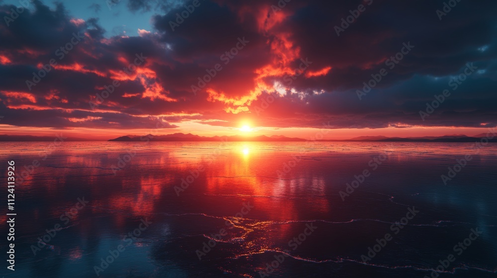 Captivating sunset over the salt lake, where the vibrant colors create stunning reflections on the serene surface Captivating sunset over the salt lake, where the vibrant colors create stunning reflections on the serene surface