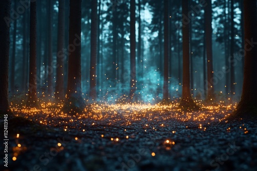 A captivating scene of countless fireflies lighting up a dense, mysterious forest at dusk, creating an ethereal and magical atmosphere with their soft glow. photo