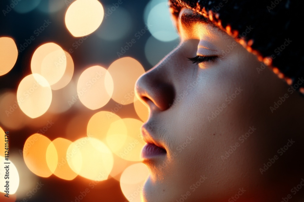 A profile view of a serene person is highlighted by artistic bokeh lighting, representing peace, introspection, and the calming effects of a vibrant atmosphere. A profile view of a serene person is highlighted by artistic bokeh lighting, representing peace, introspection, and the calming effects of a vibrant atmosphere.