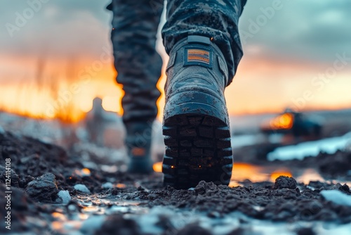 A close-up of boots leaving prints on wet ground during a dramatic sunset, symbolizing adventure, journey, and the passage of time in nature's vivid colors.