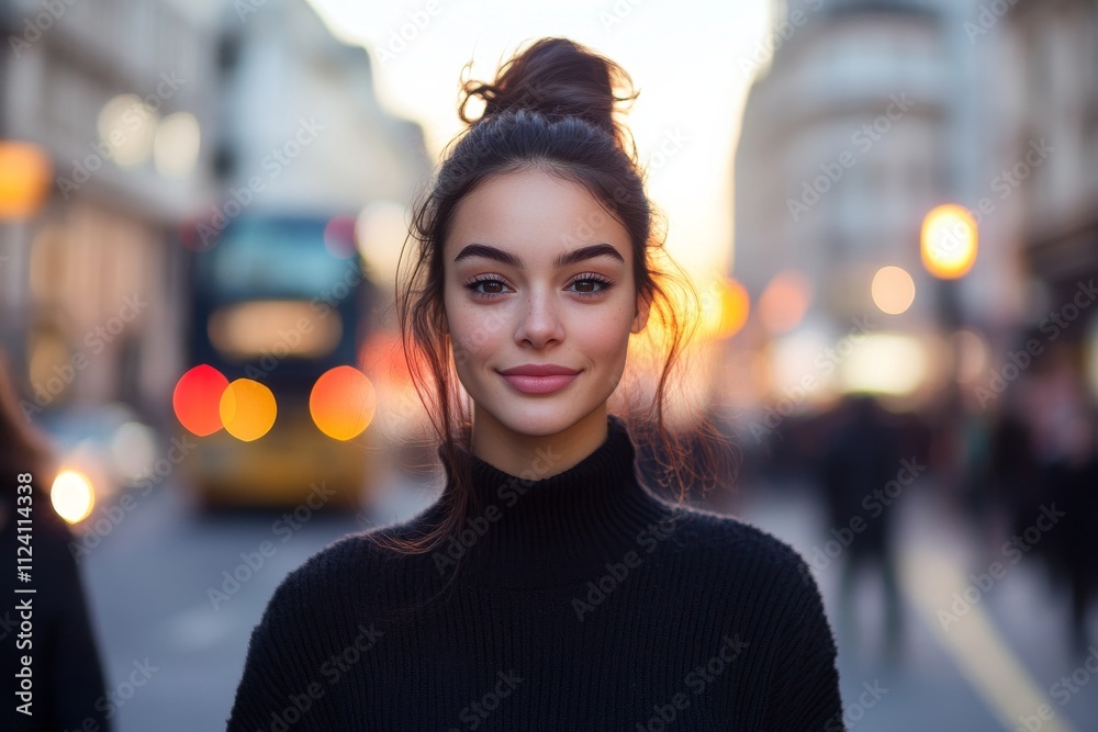 A young woman smiles radiantly on a bustling city street in the evening, embracing vibrancy and connection amidst the glow of urban lights in the backdrop. A young woman smiles radiantly on a bustling city street in the evening, embracing vibrancy and connection amidst the glow of urban lights in the backdrop.