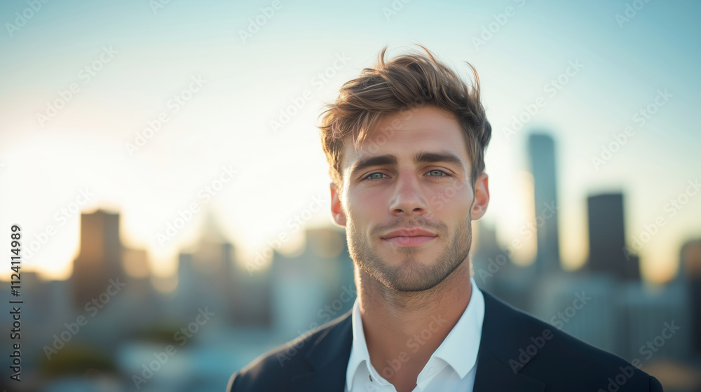 Confident young man against a city skyline at sunset Confident young man against a city skyline at sunset