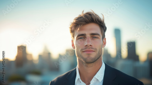 Confident young man against a city skyline at sunset