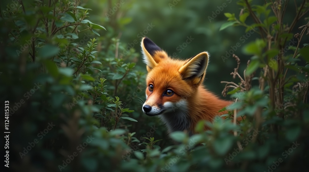 Naklejka premium A curious red fox peeking through the underbrush in a dense forest, its bright fur contrasting with the rich greens of the foliage, embodying the spirit of the wild
