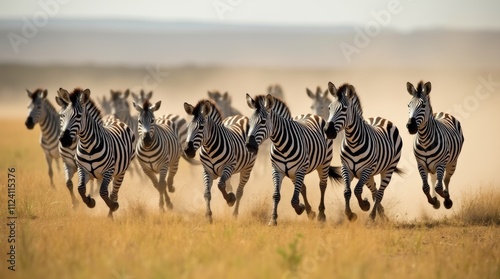 A dynamic scene of a herd of zebras running across the open savannah, their striking black and white stripes creating a mesmerizing pattern against the golden grasslands photo