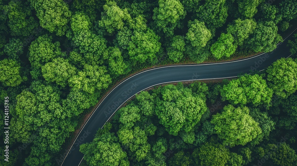 Aerial view of dense forest with a curved highway illustrating carbon neutrality, net zero emissions, and trees' vital role in carbon capture and sustainable travel Aerial view of dense forest with a curved highway illustrating carbon neutrality, net zero emissions, and trees' vital role in carbon capture and sustainable travel