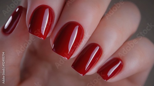 Glossy gel manicure in vibrant red nail polish at upscale beauty salon, featuring elegance and classic sophistication, highlighting luxury beauty care and trendy nail art for fashion-focused audiences photo