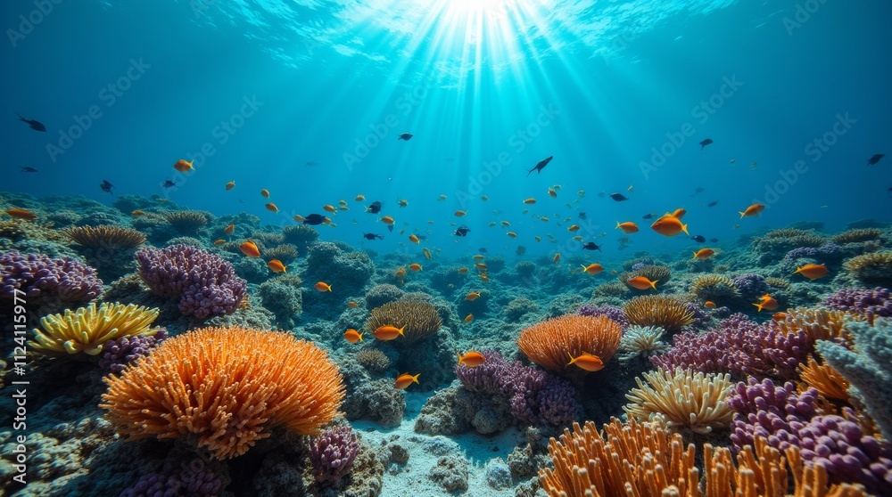 Obraz premium A vibrant coral reef teeming with colorful fish swimming among the corals, showcasing the rich biodiversity and beauty of underwater life in a tropical ocean environment