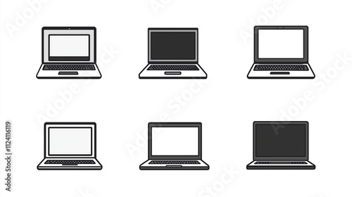 Six laptop icons; variations of screen display and color.