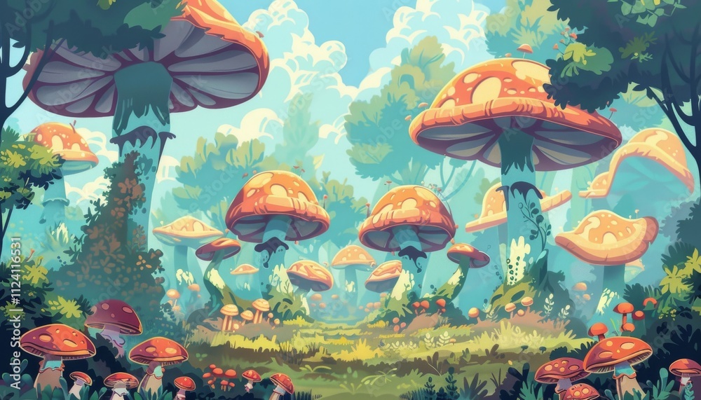 Magical Mushroom Forest. Fantasy Landscape. Enchanted Woodland. Giant Mushrooms, Fairy Tale Forest, Dreamy Landscape. Magical Mushroom Forest. Fantasy Landscape. Enchanted Woodland. Giant Mushrooms, Fairy Tale Forest, Dreamy Landscape.