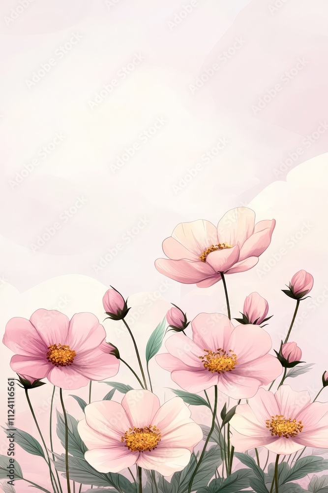 Obraz premium A delicate arrangement of pink flowers against a soft pastel background, ideal for use in greeting cards, floral designs, or romantic themes, The light colors evoke feelings of tranquility and beauty