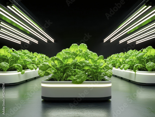 modern vertical farming setup featuring vibrant green plants under bright LED lights, showcasing innovative agricultural technology and sustainable practices