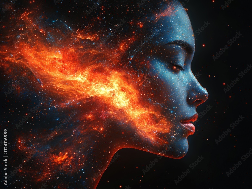 Abstract digital artwork of consciousness expansion, featuring a human profile merged with galaxy spirals, capturing a mindfulness and cosmic journey of inner awareness. Abstract digital artwork of consciousness expansion, featuring a human profile merged with galaxy spirals, capturing a mindfulness and cosmic journey of inner awareness.