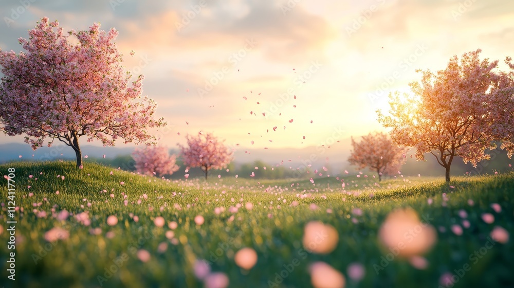 A serene landscape with blooming cherry trees and a sunset, creating a tranquil atmosphere. A serene landscape with blooming cherry trees and a sunset, creating a tranquil atmosphere.
