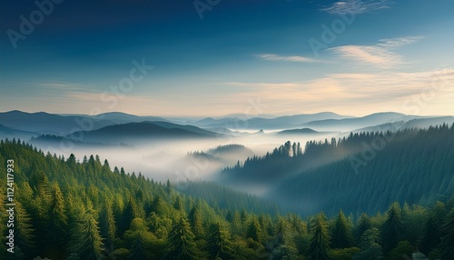 Amazing fog landscape in black forest panorama banner long. sunrise over the mountains