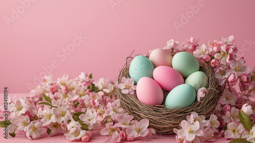 banner Colorful Easter eggs are nestled in a natural nest, surrounded by vibrant spring blossoms.Easter event invitations, seasonal advertisements, greeting cards, social media posts, website banners