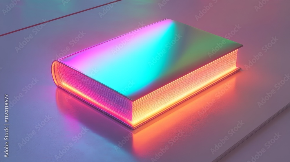 A glowing, iridescent book resting on a surface, showcasing vibrant colors and a sleek design. A glowing, iridescent book resting on a surface, showcasing vibrant colors and a sleek design.