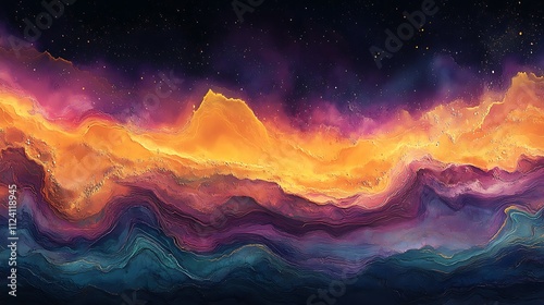 Abstract cosmic landscape with vibrant colors and swirling textures.